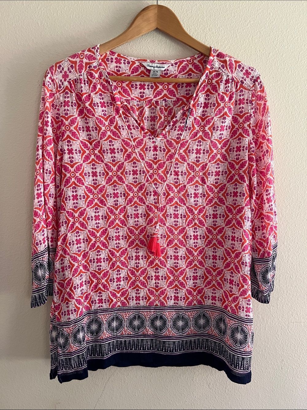 Tommy Bahama Cotton Pink Floral Geometric Border Print Tassel Tunic Top M